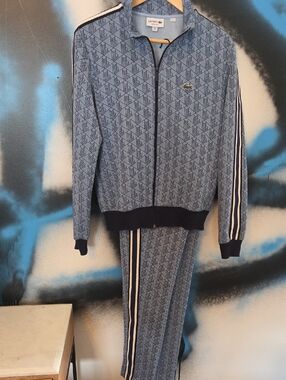 Lacoste Men's Light Blue Geometric Zip-Up Track Jacket with Stripes